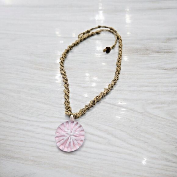 Pink Murano Starburst Necklace Pendant Boho Hemp Chain Art Glass Artisan Flower - Picture 2 of 8